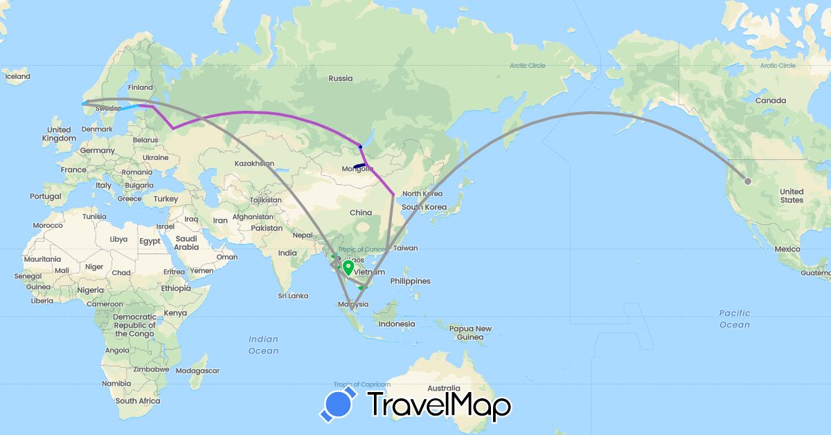 TravelMap itinerary: driving, bus, plane, train, hiking, boat in China, Finland, Hong Kong, South Korea, Myanmar (Burma), Mongolia, Malaysia, Norway, Russia, Sweden, Thailand, United States, Vietnam (Asia, Europe, North America)